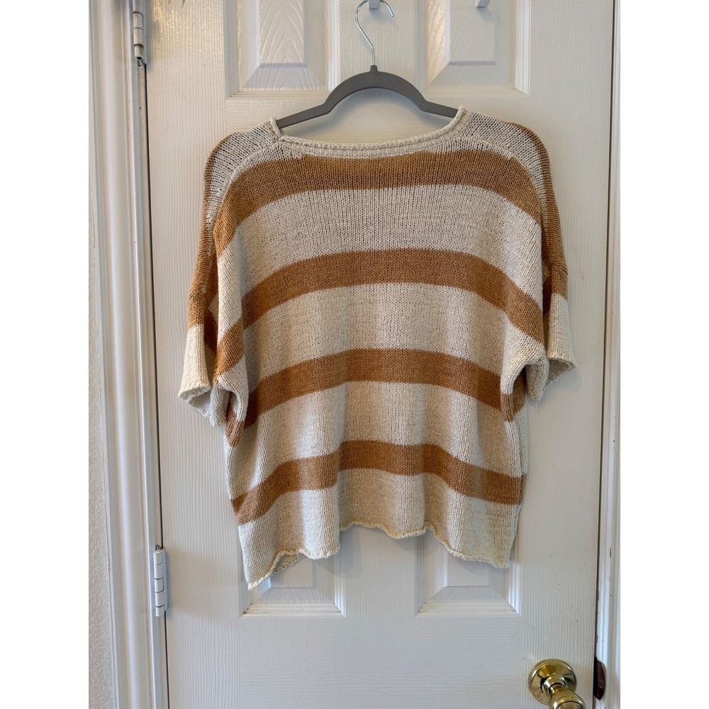 Wishlist Cream Tan Striped Knit Sweater Short Sleeve Boxy Boho Small - Picture 4 of 6